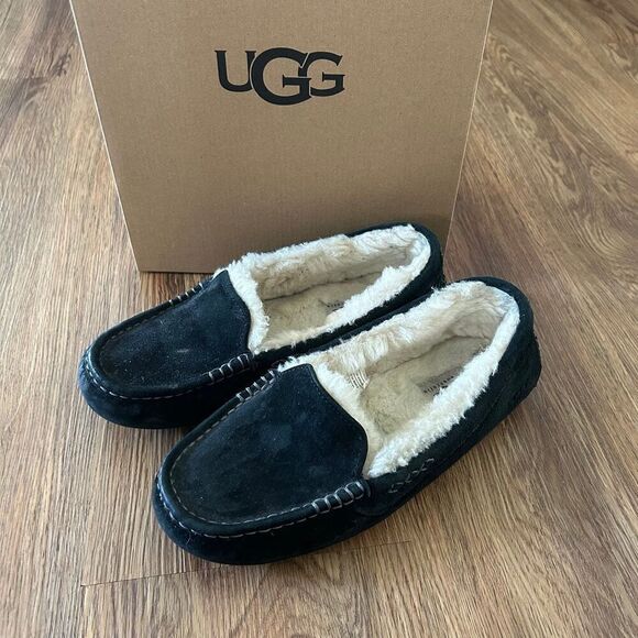 UGG Ansley black suede fur slippers slides slip on shoes sneakers women's 7 - Picture 1 of 8